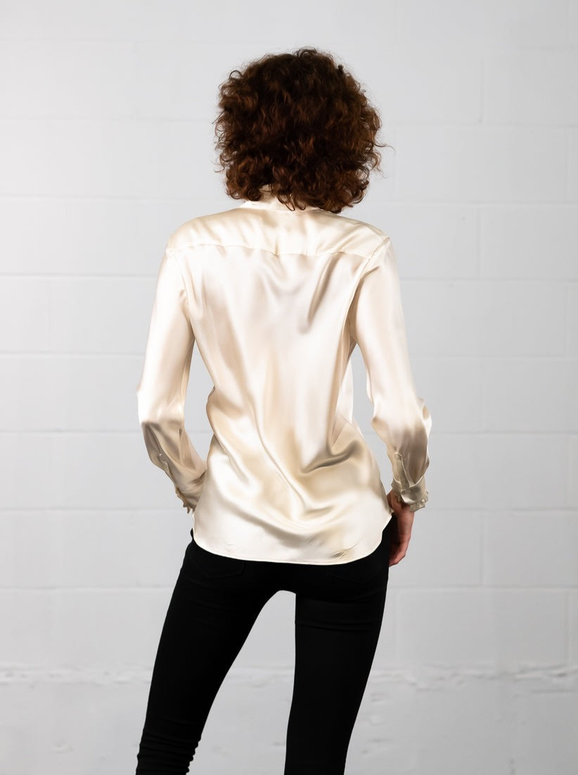 Back of Model wear Gabriella silk blouse by Marabilis.